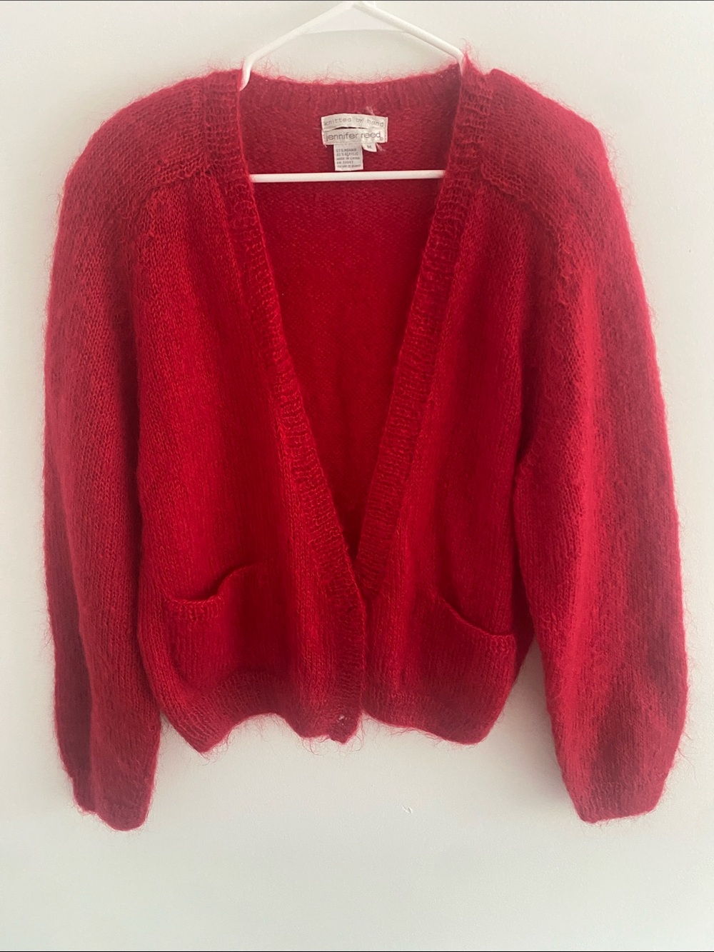 VTG Mohair Hand Knitted Postbox Red Cardigan w pockets Jennifer Reed Medium